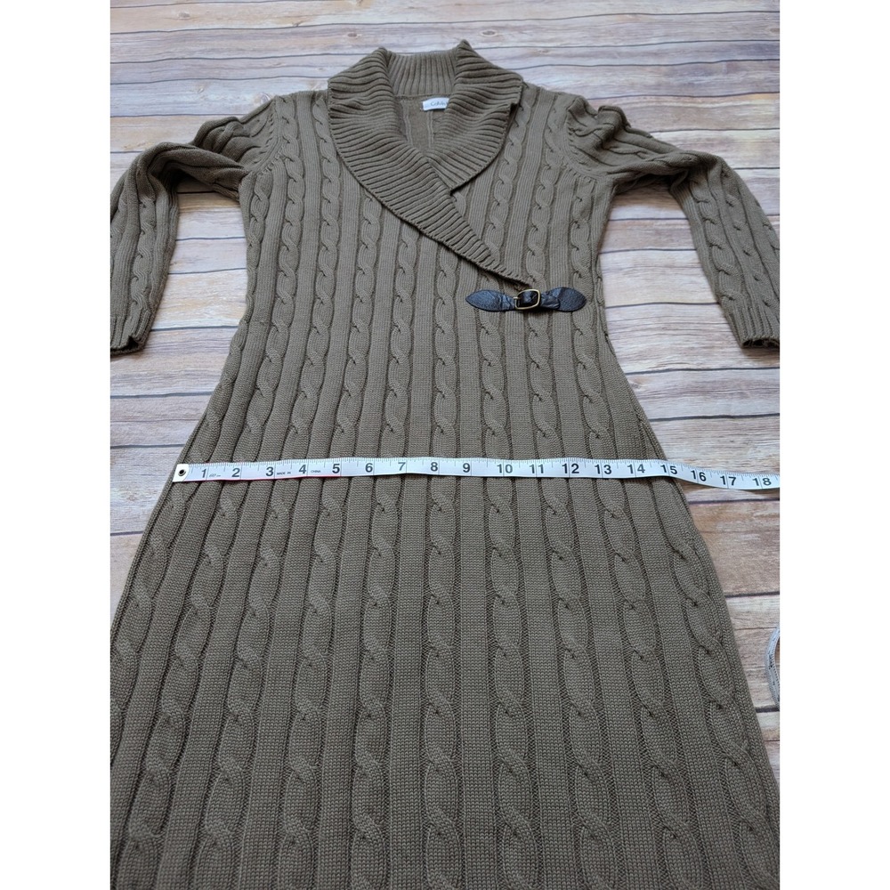 Calvin Klein Cable Knit Sweater Dress Women S Taupe Brown Faux Leather Buckle - Picture 9 of 11